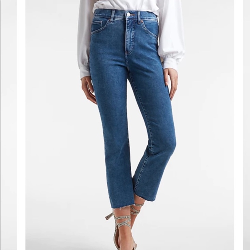 Express High Rise Cropped Flare Raw Hem Jeans